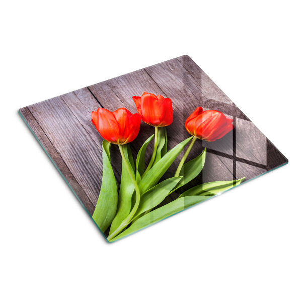 Staklena daska za rezanje Tulipani na drvenoj pozadini
