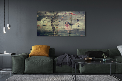 Fotografija na akrilnom staklu Drvo ptice djevojka oblaci stijene