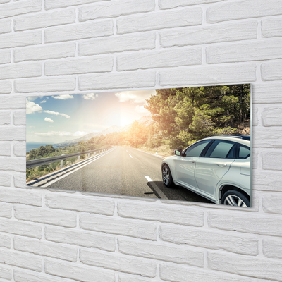 Staklena slika za zid Planine oblaci auto cesta drveće