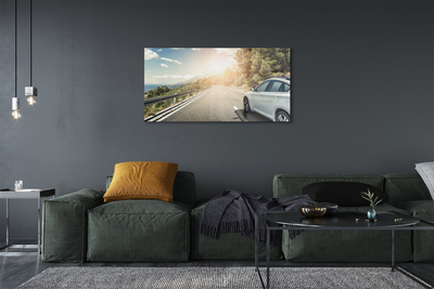 Staklena slika za zid Planine oblaci auto cesta drveće