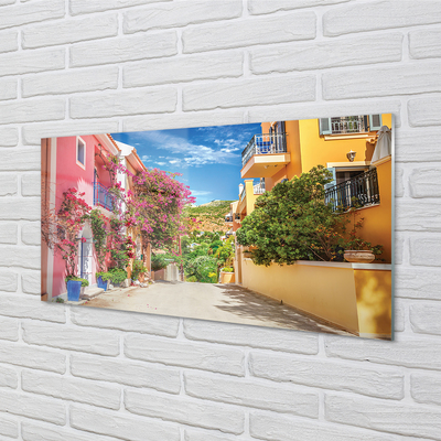 Staklena slika za zid Grčka Cvijeće zgrade planina