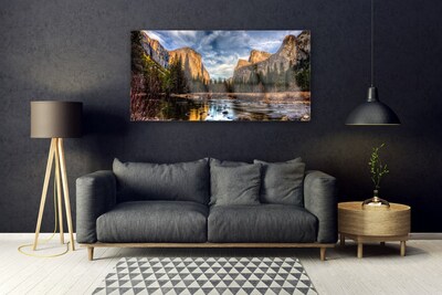 Staklena slika za zid Planina Šuma Jezero Priroda
