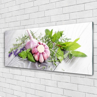 Staklena slika za zid Začinsko bilje od češnjaka za kuhinju