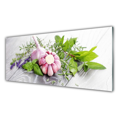 Staklena slika za zid Začinsko bilje od češnjaka za kuhinju