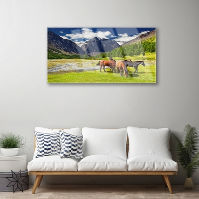 Staklena slika za zid Planine Drveće Konji Životinje