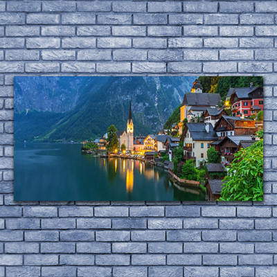 Fotografija na akrilnom staklu Mountains Town At Night Lake