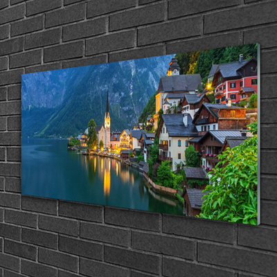 Fotografija na akrilnom staklu Mountains Town At Night Lake