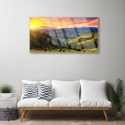 Fotografija na akrilnom staklu Krajolik livada zalazak sunca