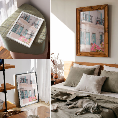 Dekorativni plakat Pastelno plave boje, detalji balkona, cvijeće