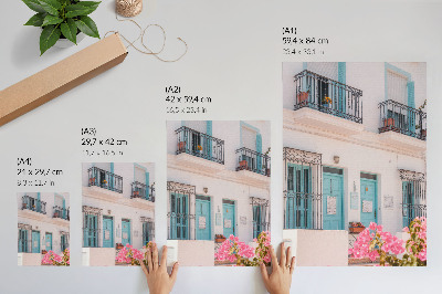 Dekorativni plakat Pastelno plave boje, detalji balkona, cvijeće