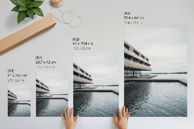 Zidni plakat Moderna zgrada uz vodu, minimalizam, drvo, staklo