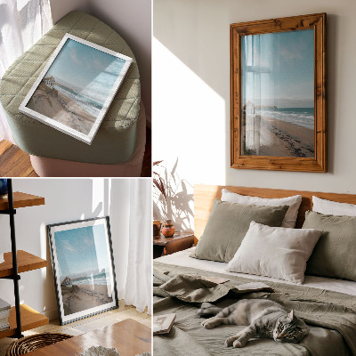 Plakat Plaža, valovi, kuća na litici, pastelne boje