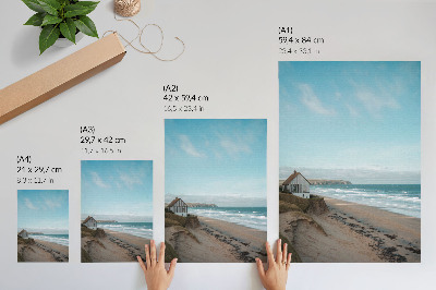 Plakat Plaža, valovi, kuća na litici, pastelne boje