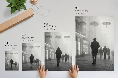 Zidni plakat Figura u šeširu, magla, kišobrani, misterij