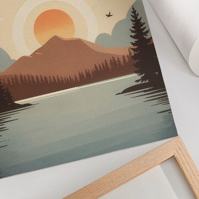 Tisak na platno Krajolik jezero planina zalazak sunca drveće tirkizno bež