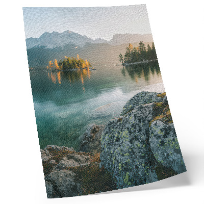 Plakat Planine, jezero, otok, maglovito jutro