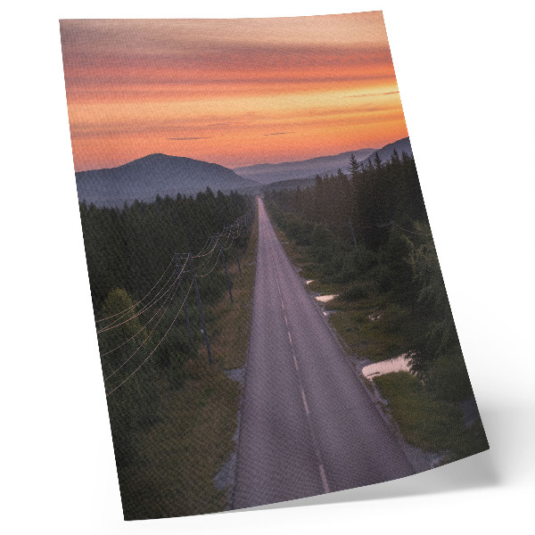 Plakat Ravna cesta kroz šumu u pastelnom zalasku sunca