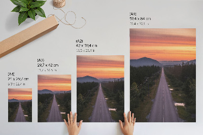 Plakat Ravna cesta kroz šumu u pastelnom zalasku sunca