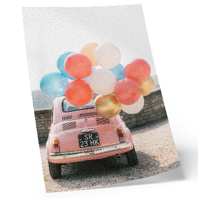 Plakat Ružičasti automobil s balonima u retro pozadini