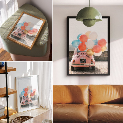 Plakat Ružičasti automobil s balonima u retro pozadini