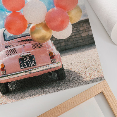 Plakat Ružičasti automobil s balonima u retro pozadini