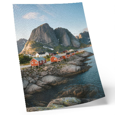 Dekorativni plakat Crvene kuće, fjord, planine, zalazak sunca