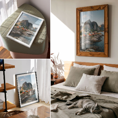 Dekorativni plakat Crvene kuće, fjord, planine, zalazak sunca