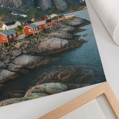 Dekorativni plakat Crvene kuće, fjord, planine, zalazak sunca
