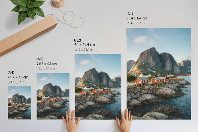 Dekorativni plakat Crvene kuće, fjord, planine, zalazak sunca