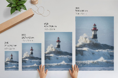 Plakat Valovi udaraju u svjetionik, visoki kontrast, snaga prirode