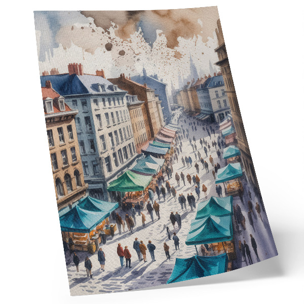 Dekorativni plakat Šarena urbana scena, ljudi, štandovi, akvarel