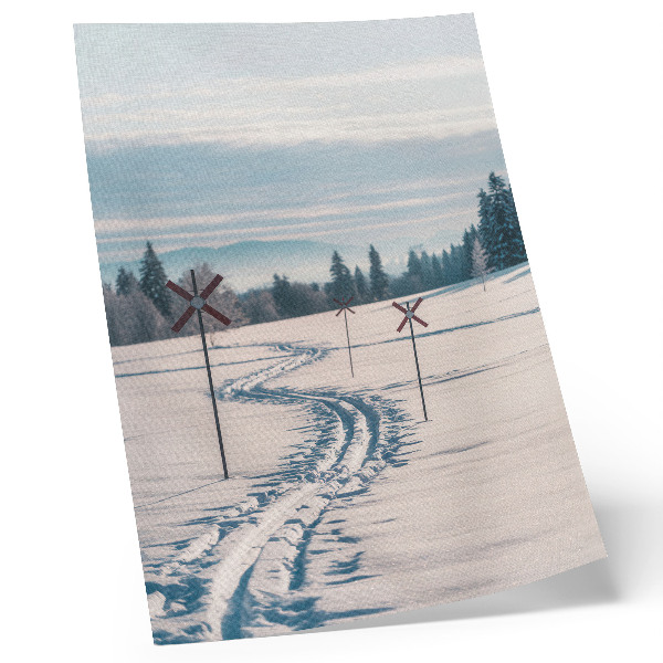 Plakat Zimski krajolik, skijaške staze, planine, drveće, nebo