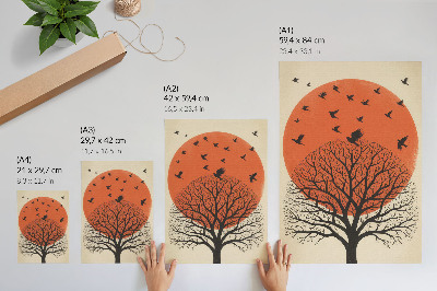 Dekorativni plakat Minimalistički stil motiva sunca u obliku ptice i stabla
