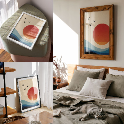 Plakat Apstrakcija veliko sunce plavi valovi ptice