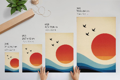 Plakat Apstrakcija veliko sunce plavi valovi ptice