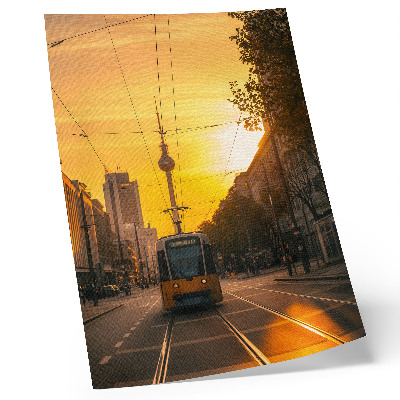 Plakat Večernja gradska energija tramvajski život ulice zgrade