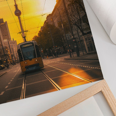 Plakat Večernja gradska energija tramvajski život ulice zgrade
