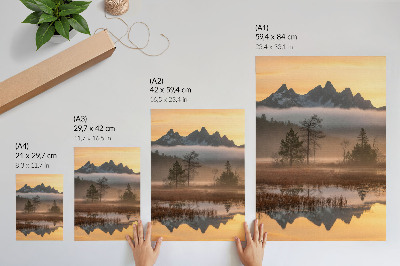 Dekorativni plakat Planine, drveće, magla, mirna voda, odraz