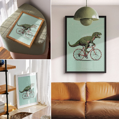 Plakat Zeleni dinosaur na biciklu na tirkiznoj pozadini