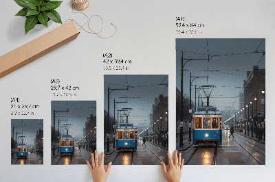 Tisak na platno Plavi tramvaj kišni dan gradski život