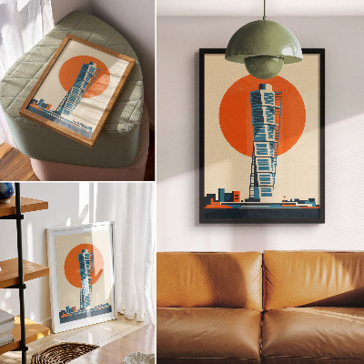 Plakat Narančasto sunce moderni neboder geometrijski oblici