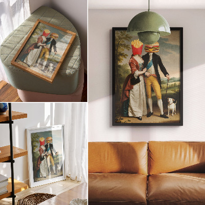Dekorativni plakat Nadrealna scena humora glave pomfrit hamburger