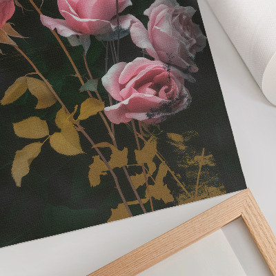 Plakat Ružičaste ruže zeleno lišće zlatni naglasci elegancija