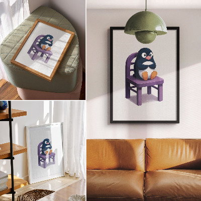 Plakat Ljubičasti pingvin na stolici Radost Minimalizam