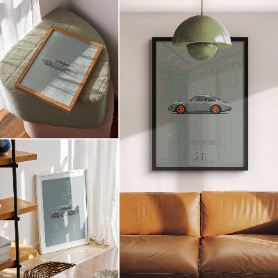 Plakat Klasični automobil narančasti naplatci siva pozadina