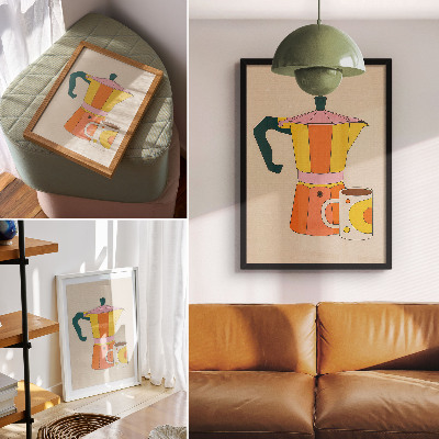 Dekorativni plakat Geometrijski lonac za kavu i šalica, žive i optimistične boje
