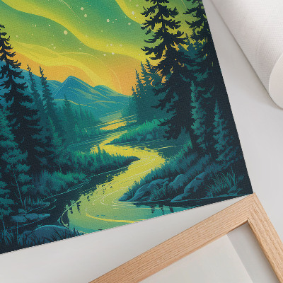 Dekorativni plakat Aurora na pozadini šume i rijeke, skladne boje