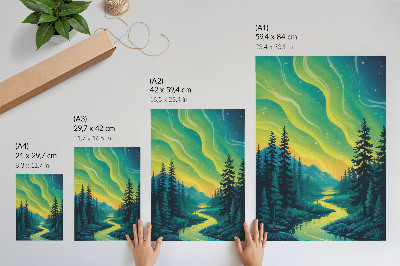 Dekorativni plakat Aurora na pozadini šume i rijeke, skladne boje