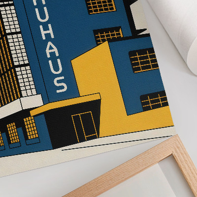 Plakat Tamnoplava zgrada Bauhausa sa žutim detaljima i modernošću