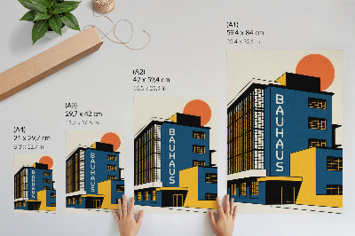 Plakat Tamnoplava zgrada Bauhausa sa žutim detaljima i modernošću